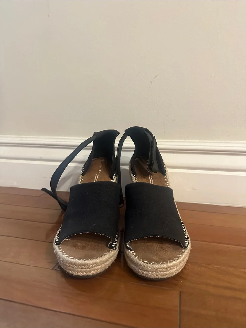 Toms Black Canvas Espadrille Wedge Sandals with Ankle Tie